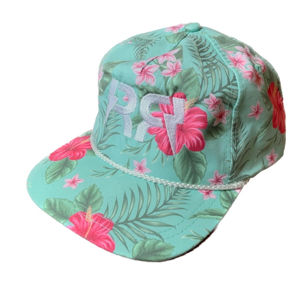 Imperial Cap Hawaiian Tropical Fabric Turquoise With Pink Hibiscus Flowers